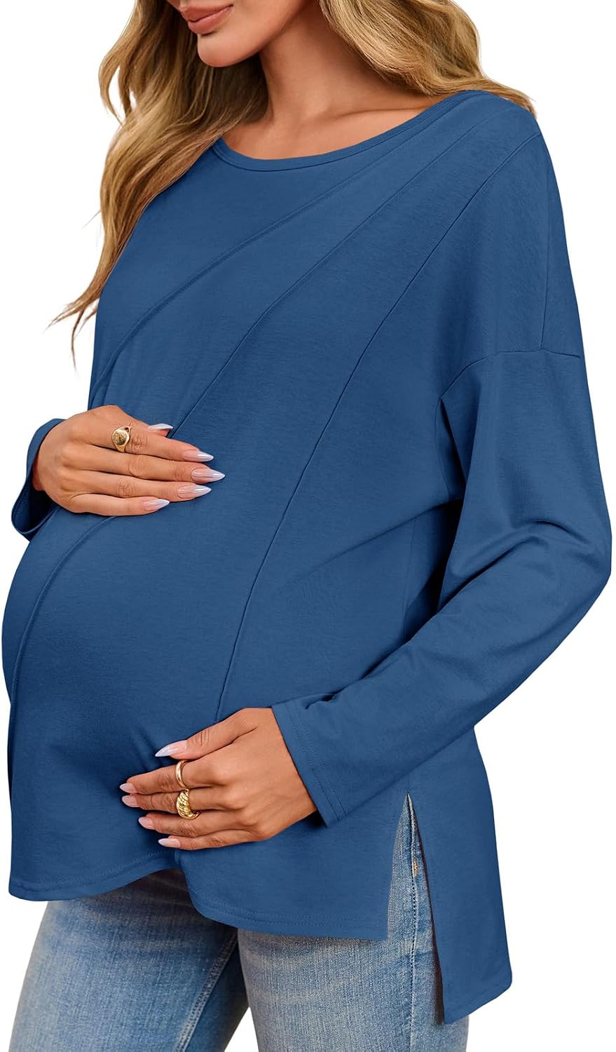 Tankaneo Womens Maternity Shirts Casual Crew Neck Long Sleeve Side Split Pregnancy Clothes Loose Fit Tunic Tops