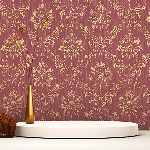 Carta da parati barocco Gioele M1-No.2193 | Carta da parati in tessuto non tessuto | Rosso | Oro | Ornamento| Classica | Carta da parati barocco