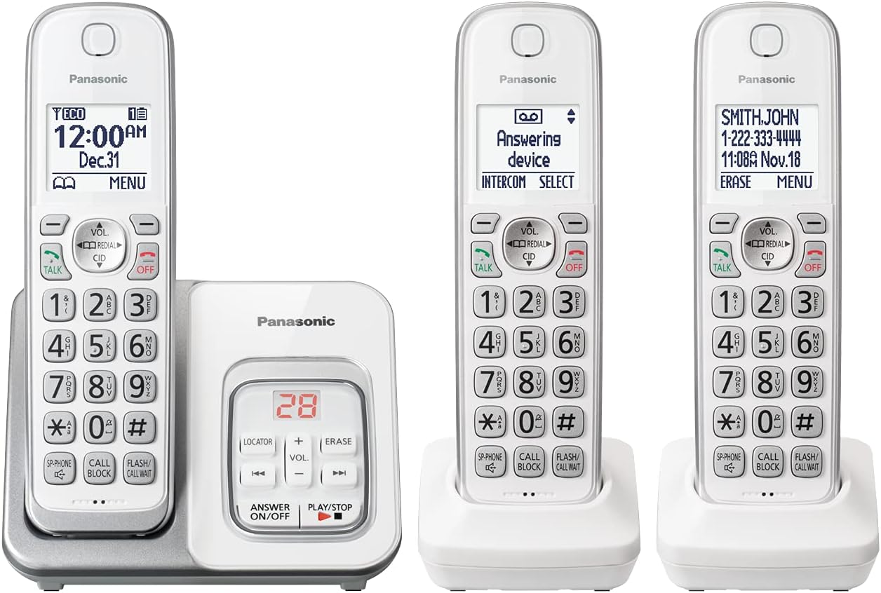 Panasonic Expandable Cordless Phone System with Answering Machine and Call Block – 3 Cordless Handsets – KX-TGD633W (White/Silver)