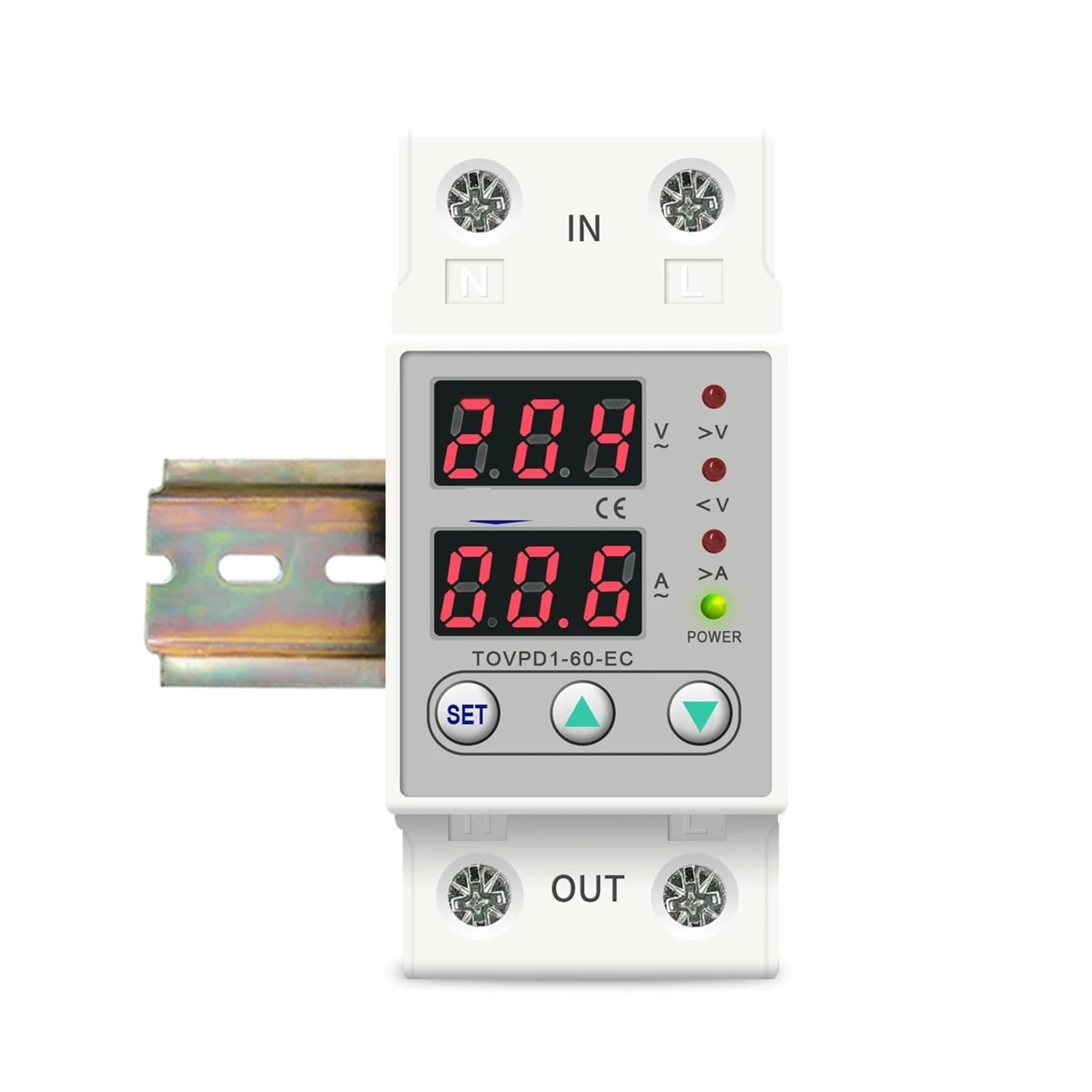 Relè di Protezione della Tensione Dispositivo di Protezione da sovratensione e sottotensione Regolabile su Guida DIN a Doppio Display 230 V Relè di Protezione della Corrente TOVPD1-63-EC(40A)