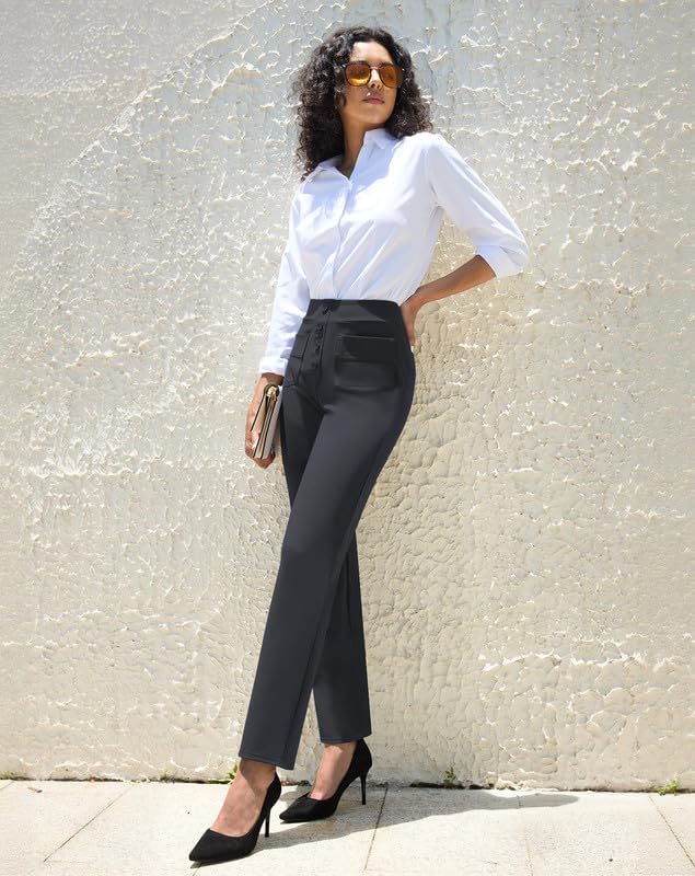 keriffe High Waist Stretchy Womens Dress Pants with Pockets Straight Leg Business Casual Work Trousers Office Slacks - Image 3