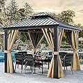 DWVO 10x10ft Hardtop Gazebo Double Roof with Nettings and Curtains, Heavy Duty Galvanized Steel Outdoor Vertical Stripes Roof for Patio, Backyard, Deck, Lawns, Brown