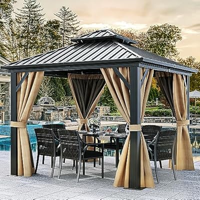 DWVO 10x10ft Hardtop Gazebo Double Roof with Nettings and Curtains, Heavy Duty Galvanized Steel Outdoor Vertical Stripes Roof for Patio, Backyard, Deck, Lawns, Brown