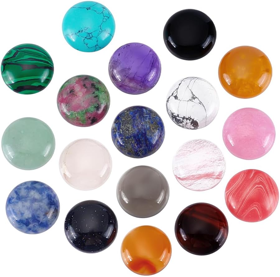 18 Style Gemstone Cabochons, Half Round Cabochons 16mm Quartz Crystal Tiles Cabochons Natural Synthetic Stone Gems Stone Cabochons for Earring Necklace Bracelet Jewellery Making