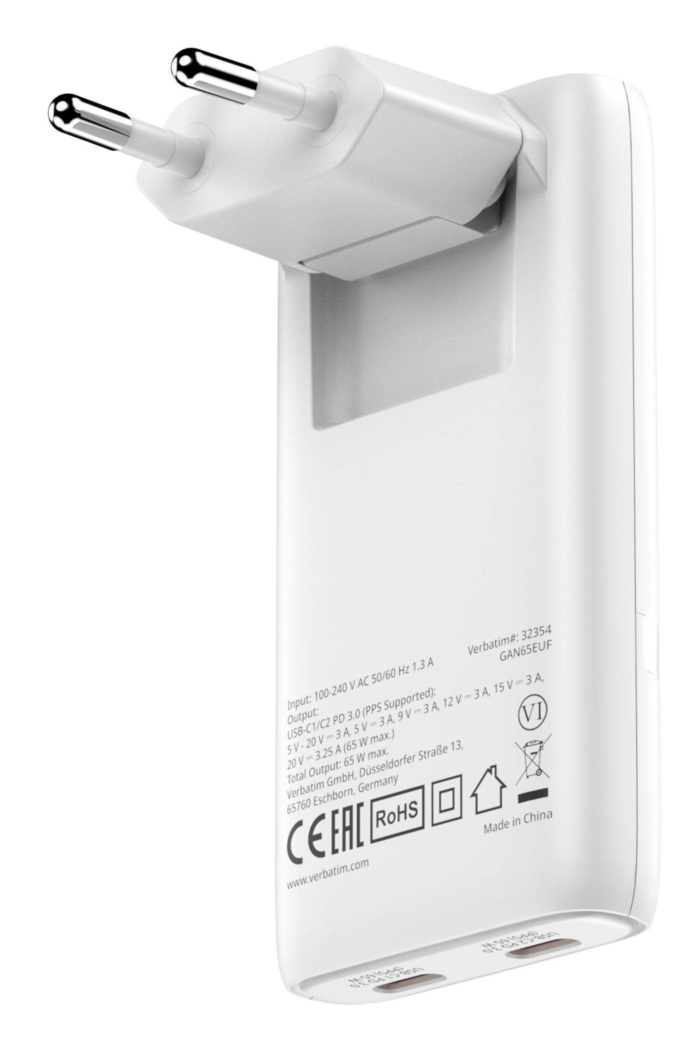 Verbatim Chargeur Fold’n’Go GaN 65W, chargeur pliable USB-C, adaptateur secteur avec 2 ports USB-C Power Delivery 3.0, chargeur rapide multiports, pour ordinateur portable, tablette, smartphone, blanc