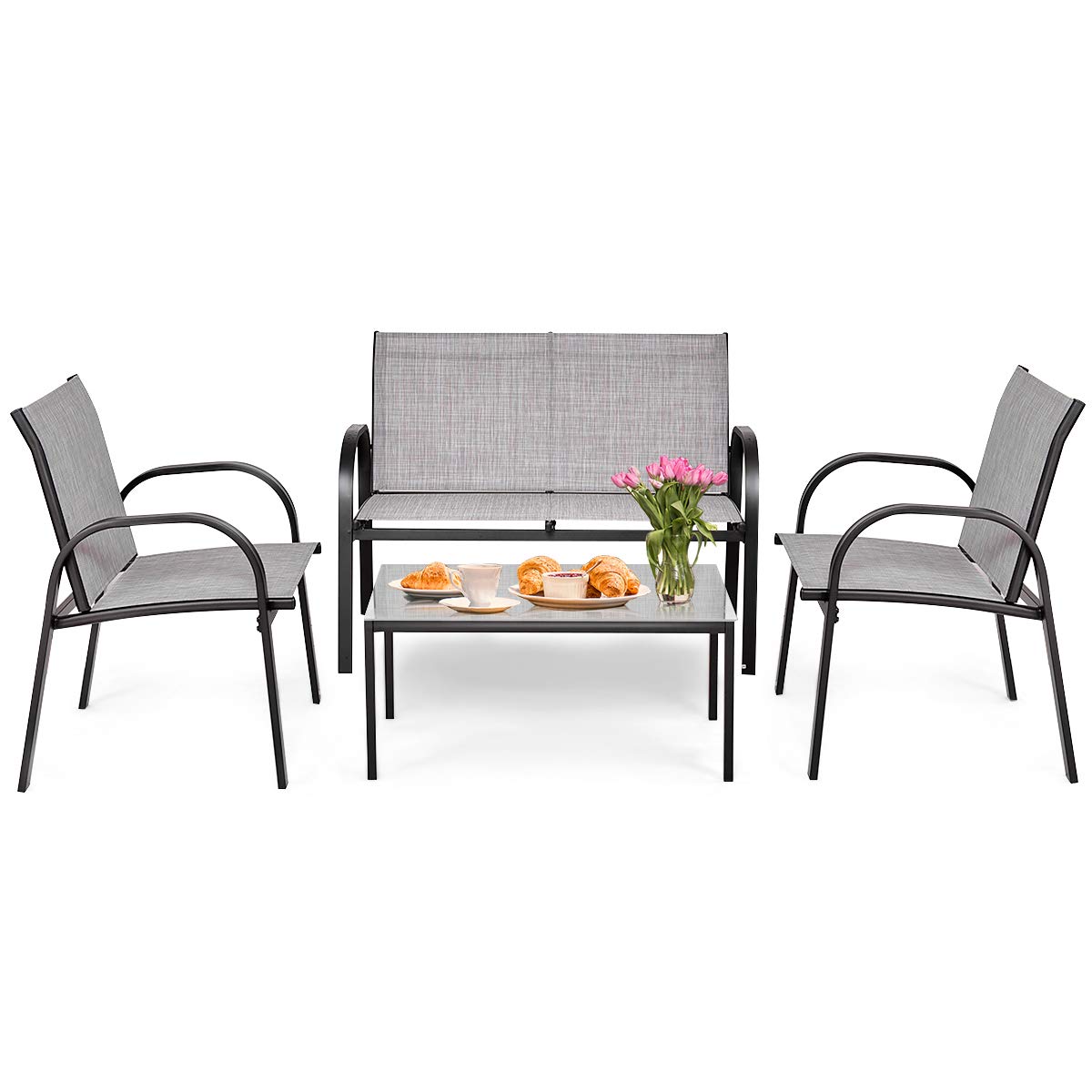 COSTWAY Conjunto Jardin Exterior de 4 Piezas, Tela Textilene, 2 Sillones,​1 Banco de 2 Plazas y 1 Mesa de Centro de Hierro, Muebles Jardin Exterior Terraza Balcon (Gris)