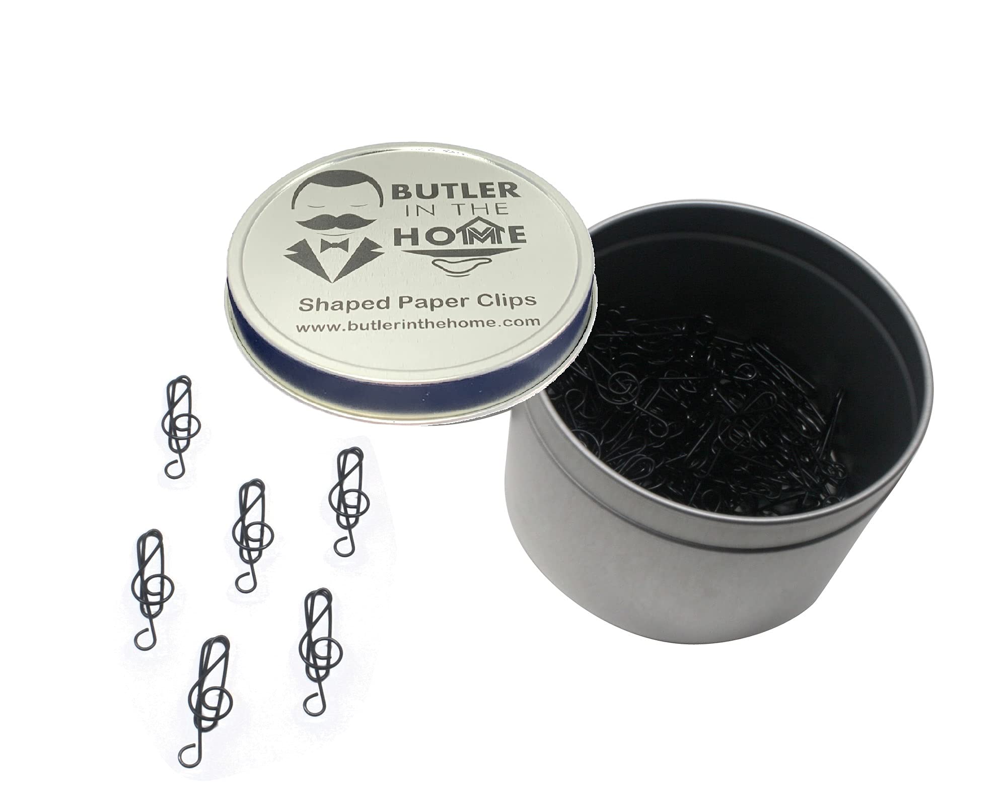 Butler in the Home 100 Count Music Clef Note Shaped Paper Clips Great for Paper Clip Collectors or Office Gift - Comes in Round Tin with Lid and Gift