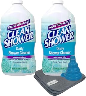 Clean Shower Daily Shower Refill 60oz (2 Pack) - Bundle Includes Collapsible Silicone Funnel and Microfiber Cloth - Easy Refilling and Drying