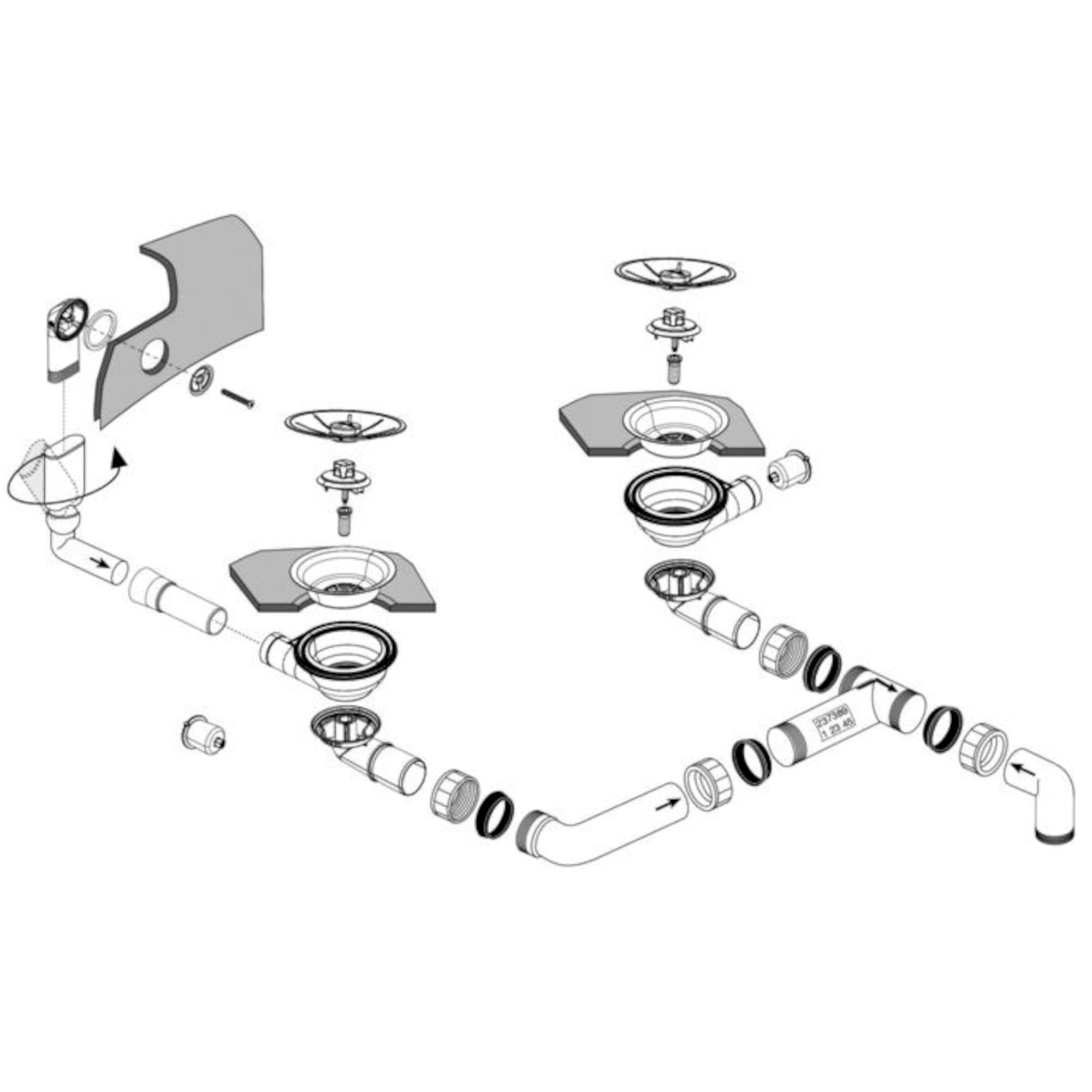 InFino 237389 - Tubo di scarico 2 x 3,5" senza funzione di scarico per lavello Blanco, sifone, scolapiatti per lavello da cucina, scarico lavello, sifone da cucina