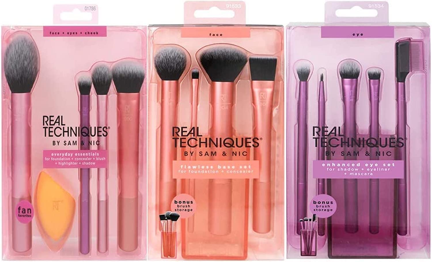 REAL TECHNIQUES Brushes Set (Everyday Essentials, Enhanced Eye, Flawless Base).Professional all in one brushes for every occasion#best makeup brushes for all gifting occations