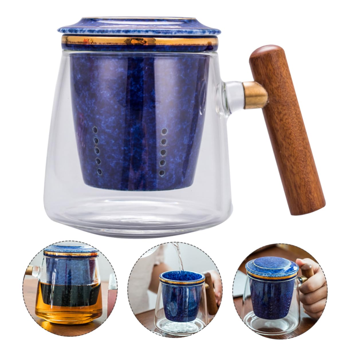 LIFKOME Glas Keramik Teebecher 400ml mit Deckel, Blau für Büro