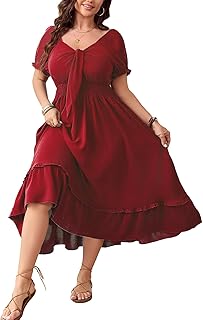 Women's Plus Size Summer Dress Casual V Neck Short Sleeve Maxi Dress Bow Tie Boho Swing Flowy Long Dresses - Buy now