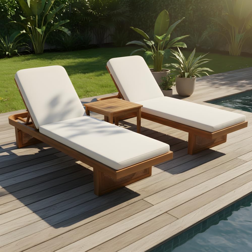 Acacia Wood Outdoor Lounger Set with PE Rattan and Slat Side Table for Patio or Poolside Use