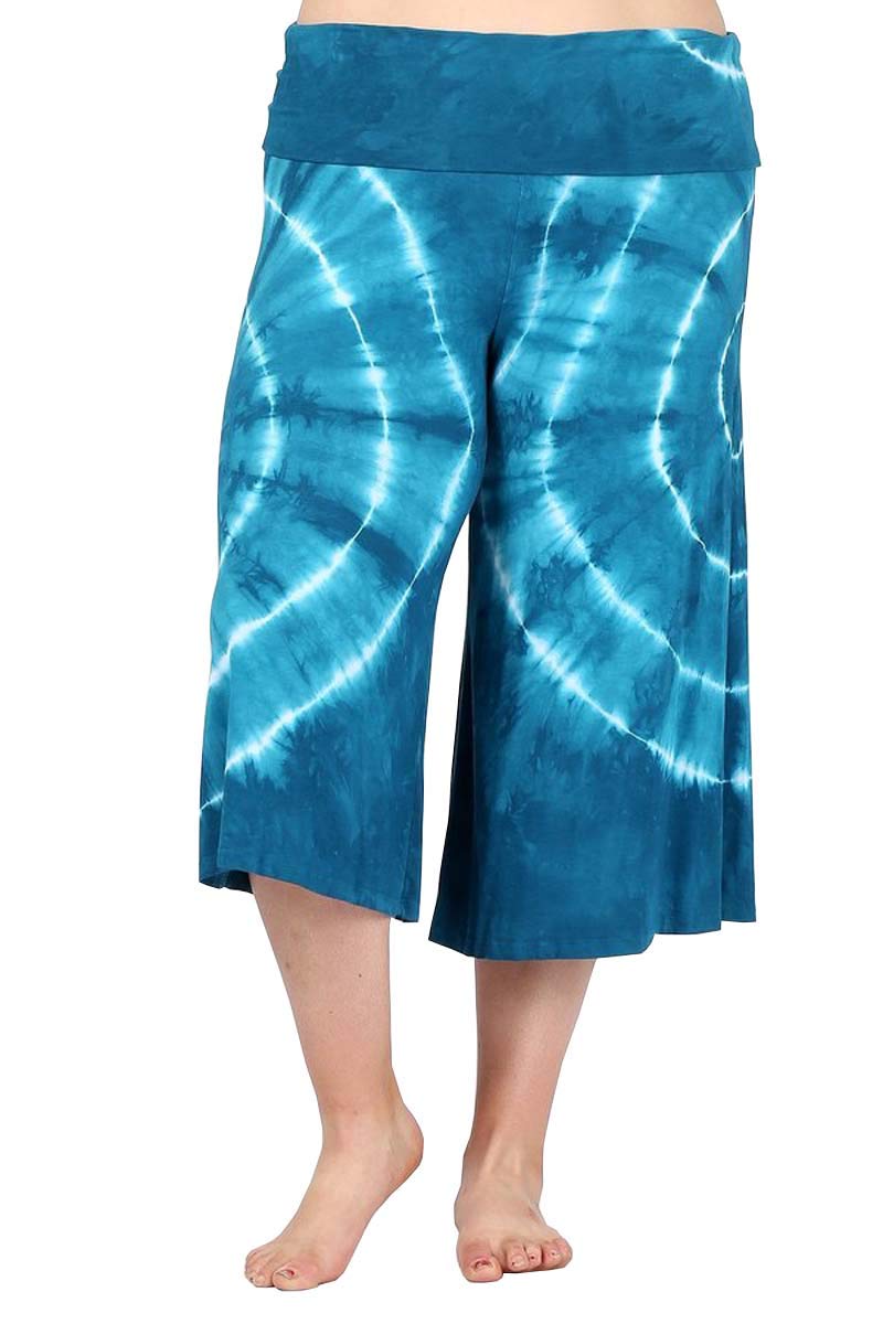 HEYHUN Women's Solid Tie Dye Wide Leg Flared Capri Boho Gaucho Pants w/Lace Detail