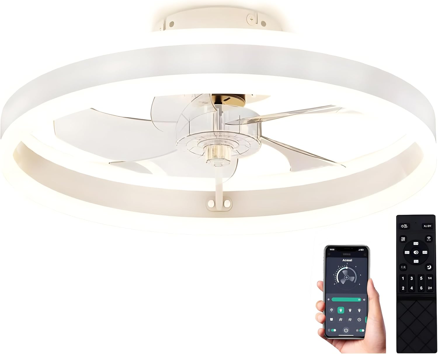 20inch Ceiling Fans Lights,68W Flush Mount Ceiling Fan with Ceiling Lights,Dimmable 3CCT,App Control,Remote Control,Timer,6 Wind Speeds Smart Low Profile Ceiling Fan for Room (Type A-White)