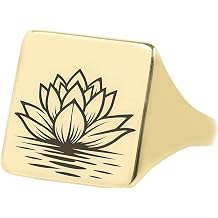 Gold Lotus Engraved Ring - 24k Gold Signet - Square Shaped Custom Lotus Ring - Nature Jewelry
