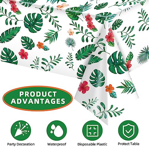 Labeol Hawaiian Tablecloth, 3 Pcs Hawaiian Luau Tablecloth, Palm Leaves Disposable Plastic Rectangular Tablecloth, Hawaiian Luau Tropical Party Decorations, Summer Beach Dining Birthday Party Supplies #TOP2
