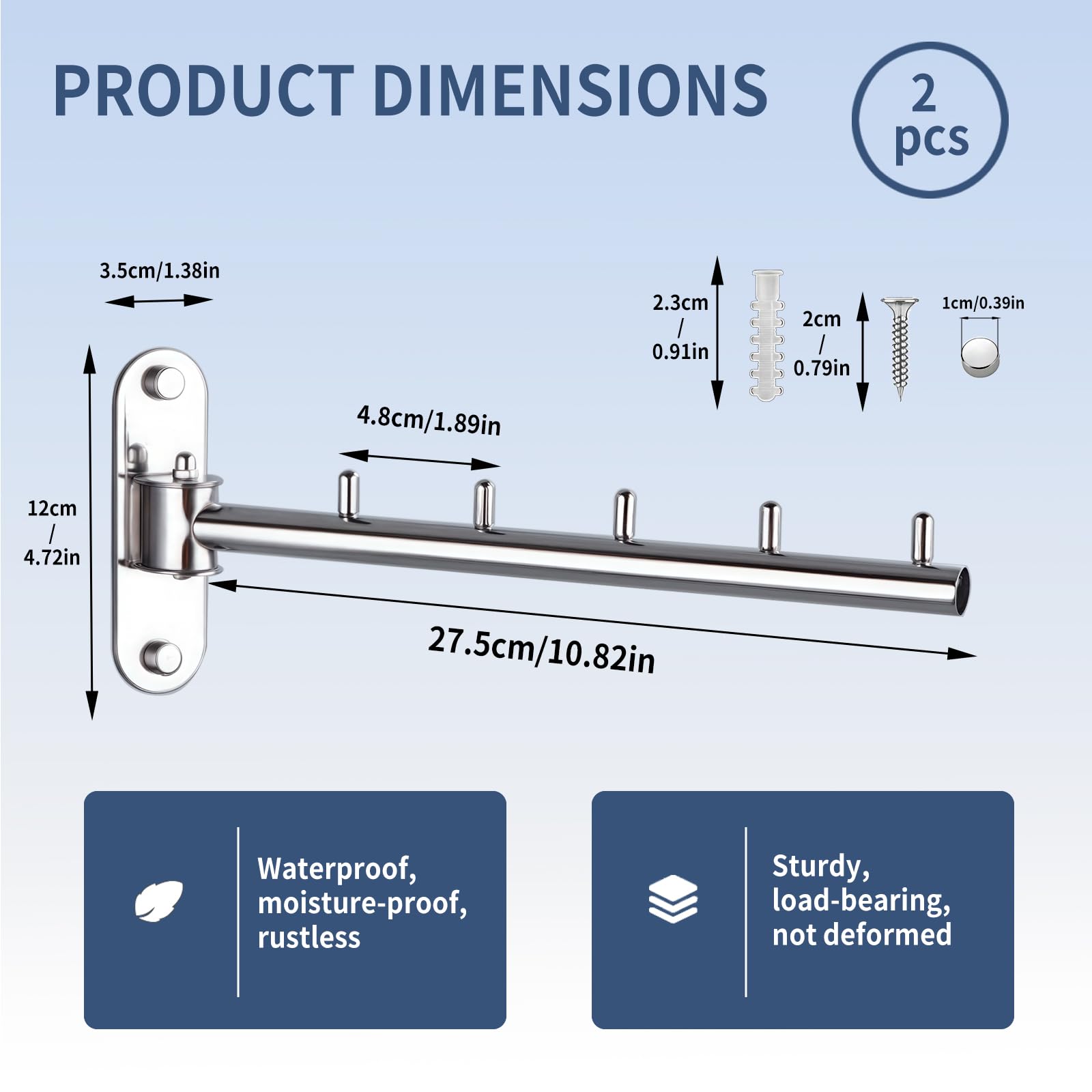 2 perchas plegables de pared para colgar ropa, ganchos de acero inoxidable con brazo oscilante, rotación de 180° para baño (2, plateado)