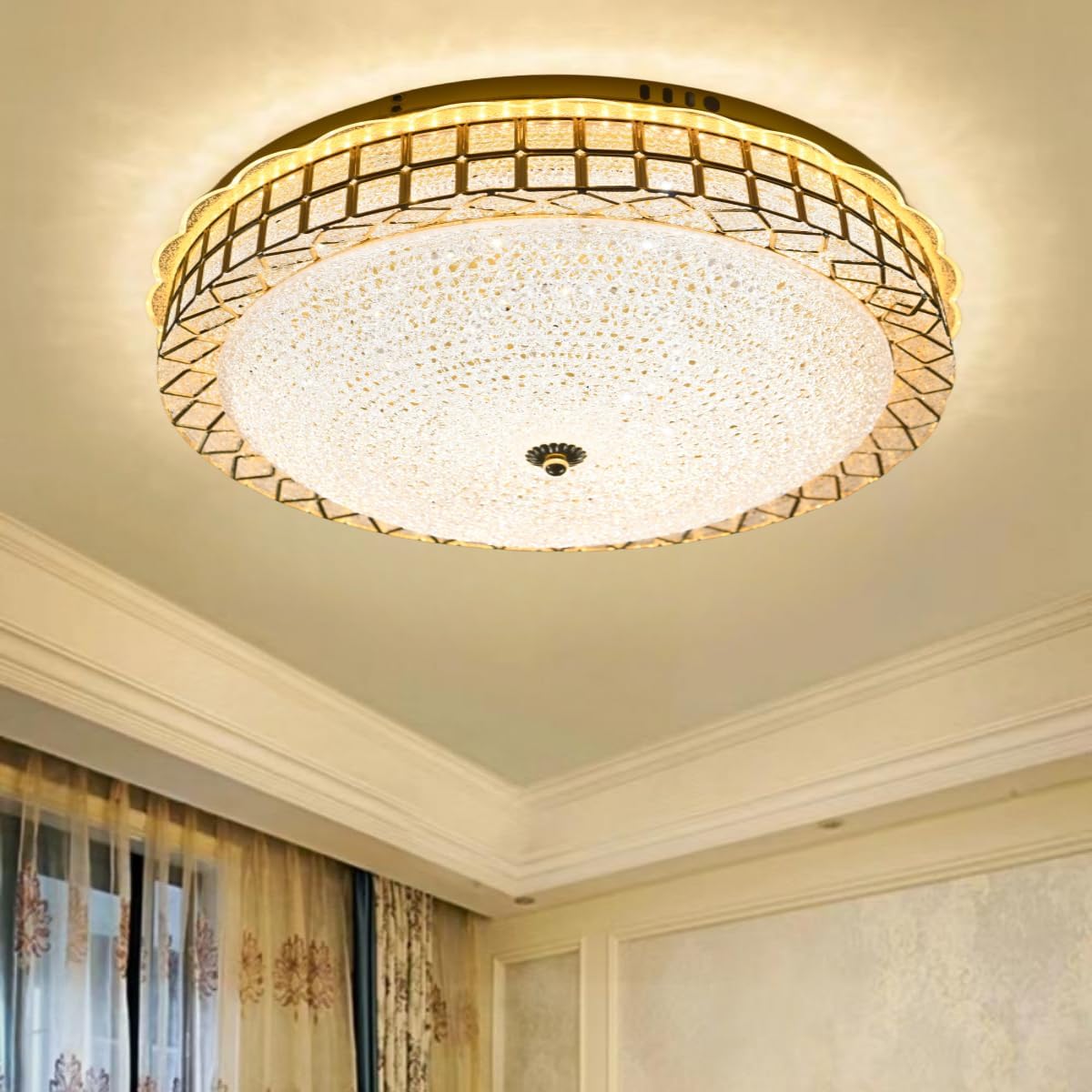 Gold Flush Mount Ceiling Light โ Sparkle Dot Resin Center, Round Decorative Ceiling Lamp with Resin Crystal-Style Edge, 3 Color Temperature LED, for Living Room Bedroom Dining Room