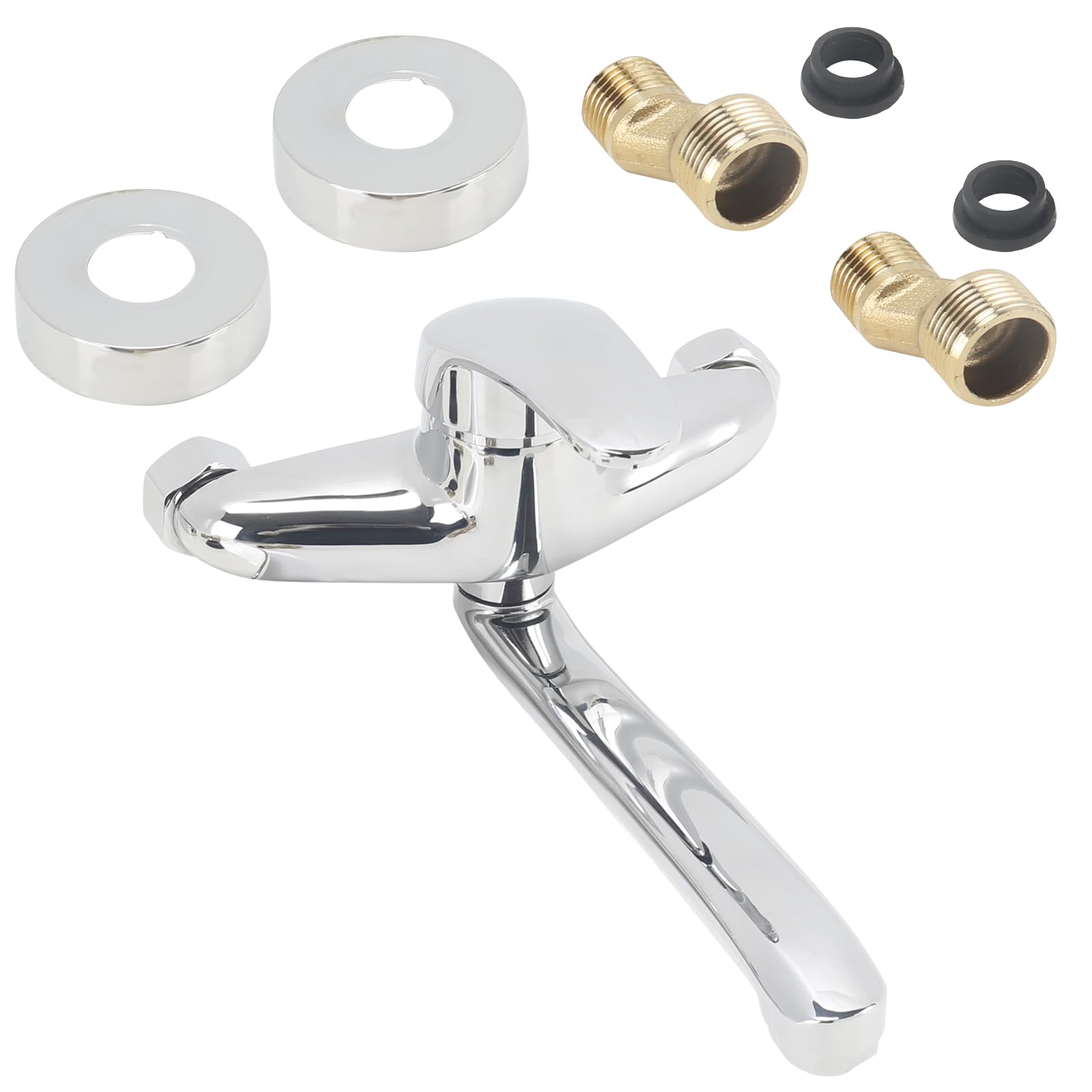 Grifo Cocina Pared Grifos Cocina Fregadero 25CM con Aireador con Cartucho Cerámico Monomando Agua Fría y Caliente Boquilla de Dispensación Orientable a 360° Cromo Plata