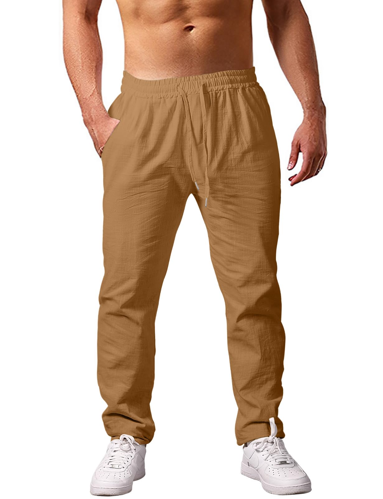 Voqeen Pantaloni Lino Uomo Pantaloni Estivi Loose Fit Pantalone con Coulisse Elastica in Vita con Tasche Pantalaccio Uomo Estivo Leggeri a Gamba Dritta