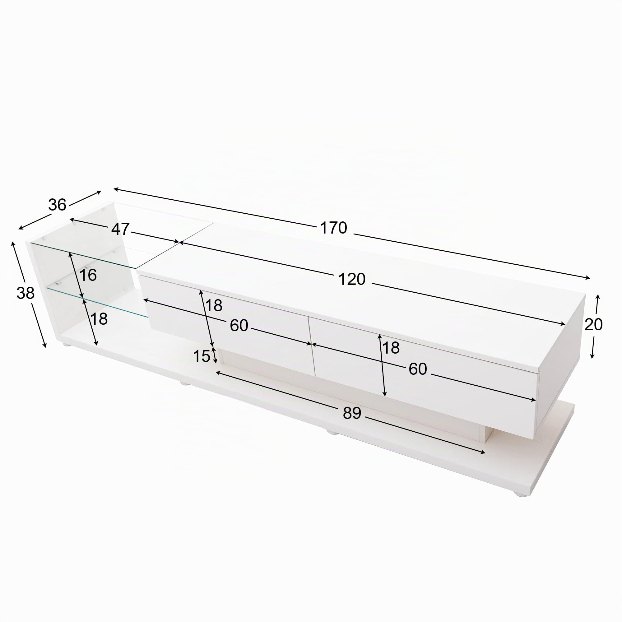 Modulo TV, Mueble de Salon TV con Luces LED, Armario Bajo con Tabique de Cristal, Moderno Destacando Mueble para Salon con Dos Amplios Cajones para Salón Dormitorio, 170x36x38 cm (Blanco)