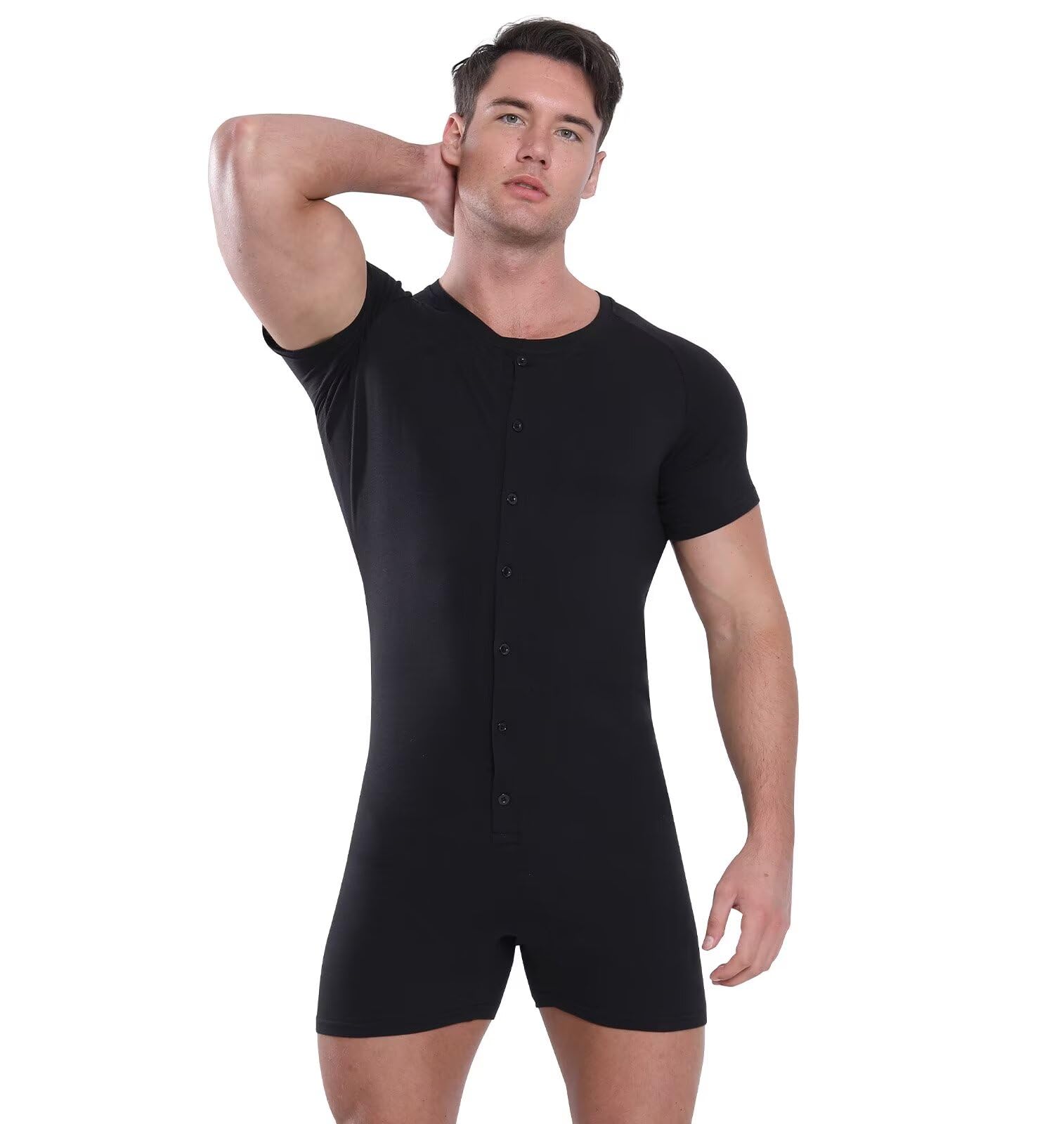 Landofgenie Mężczyźni Onesie Krótki Rękaw Bodysuit One Piece Pidżama Rompers Dolna Koszula Krocza