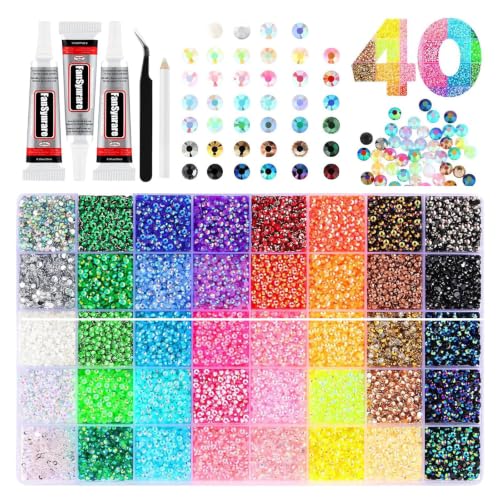 FanSynrare Lot de 32000 pièces de strass à dos plat de 3 mm, 40 couleurs de cristaux en résine non thermocollants pour l'art des ongles, bricolages, vêtements, chaussures, décoration de gobelets