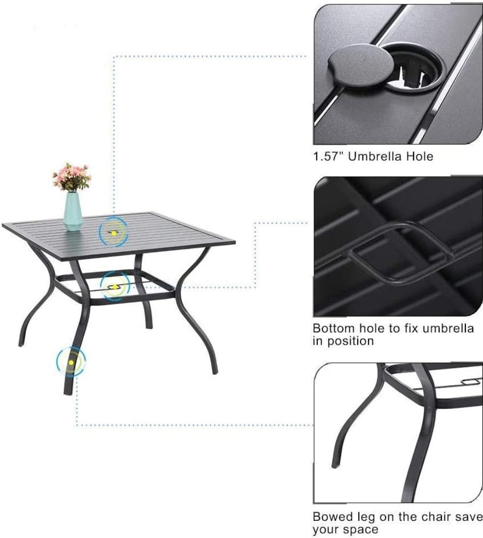 MFSTUDIO 37" Metal Steel Slat Patio Dining Table Square Backyard Bistro Table Outdoor Furniture Garden Table, 1.57” Umbrella Hole, Black : Patio, Lawn & Garden