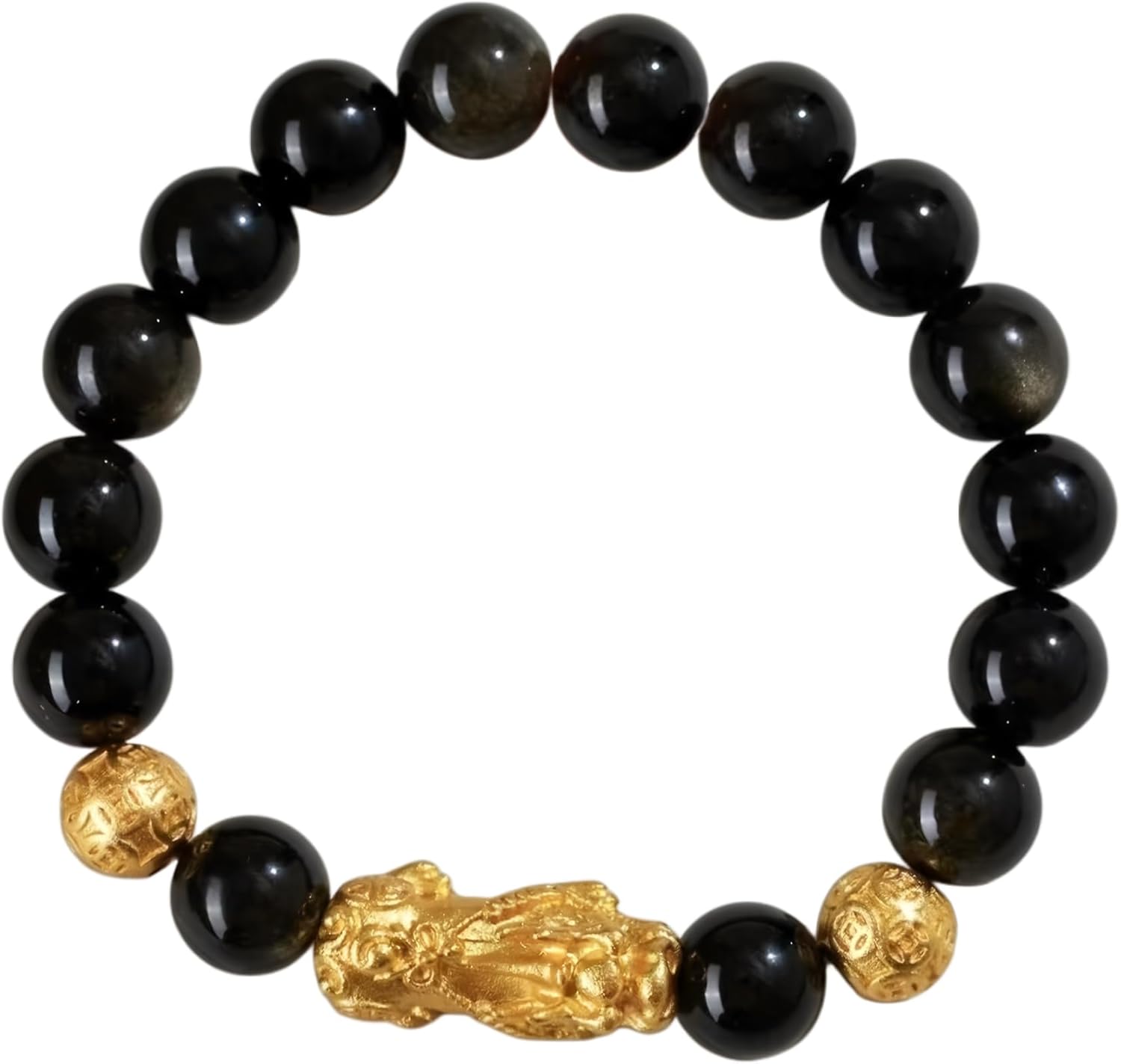 Gold/Silver/Black Obsidian Pixiu Bracelet – Real 10mm Natural Stone Good Luck Bracelet for Men Women, 24K Gold Pixiu Wealth Protection Bracelet, Feng Shui Adjustable Beaded Jewelry with Gift Box