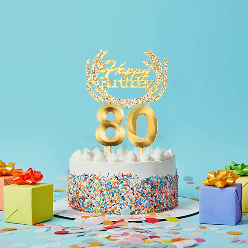 Velas De 80 Cumpleaños + Decoración Dorada Para Tarta