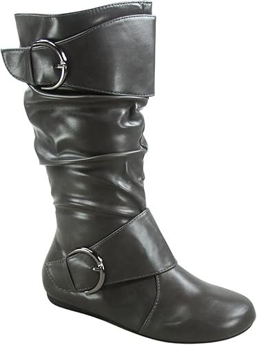 Botas de mujer con hebilla lateral, cierre de cremallera, puntera redonda, planas, con tacón bajo, de media pantorrilla