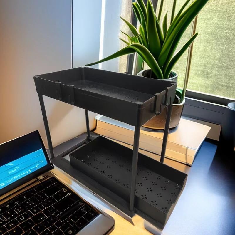 Miniatura 7 de Organizador para debajo del fregadero, paquete de 2 estantes de almacenamiento de cocina con ganchos, estante extraíble para armario multiusos para