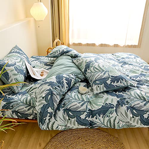 Koudi Tropical Duvet Cover Set Queen Blue Green Palm Leaves Monstera Plant Bedding Set Rainforest Botanical Microfiber Comforter Cover With Zipper Ties cover