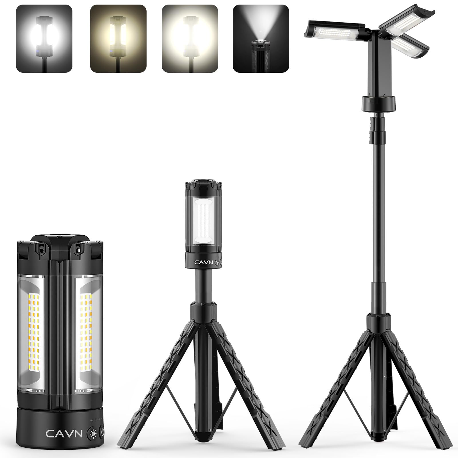 Photo 1 of CAVN Rechargeable Camping Lights with Stand 6.5 ft Max Height, Portable Cordless LED Work Light 2200 Lumens 6500/4500/3500K Dimmable Camping Essentials Gear with Detachable Tripod, Black