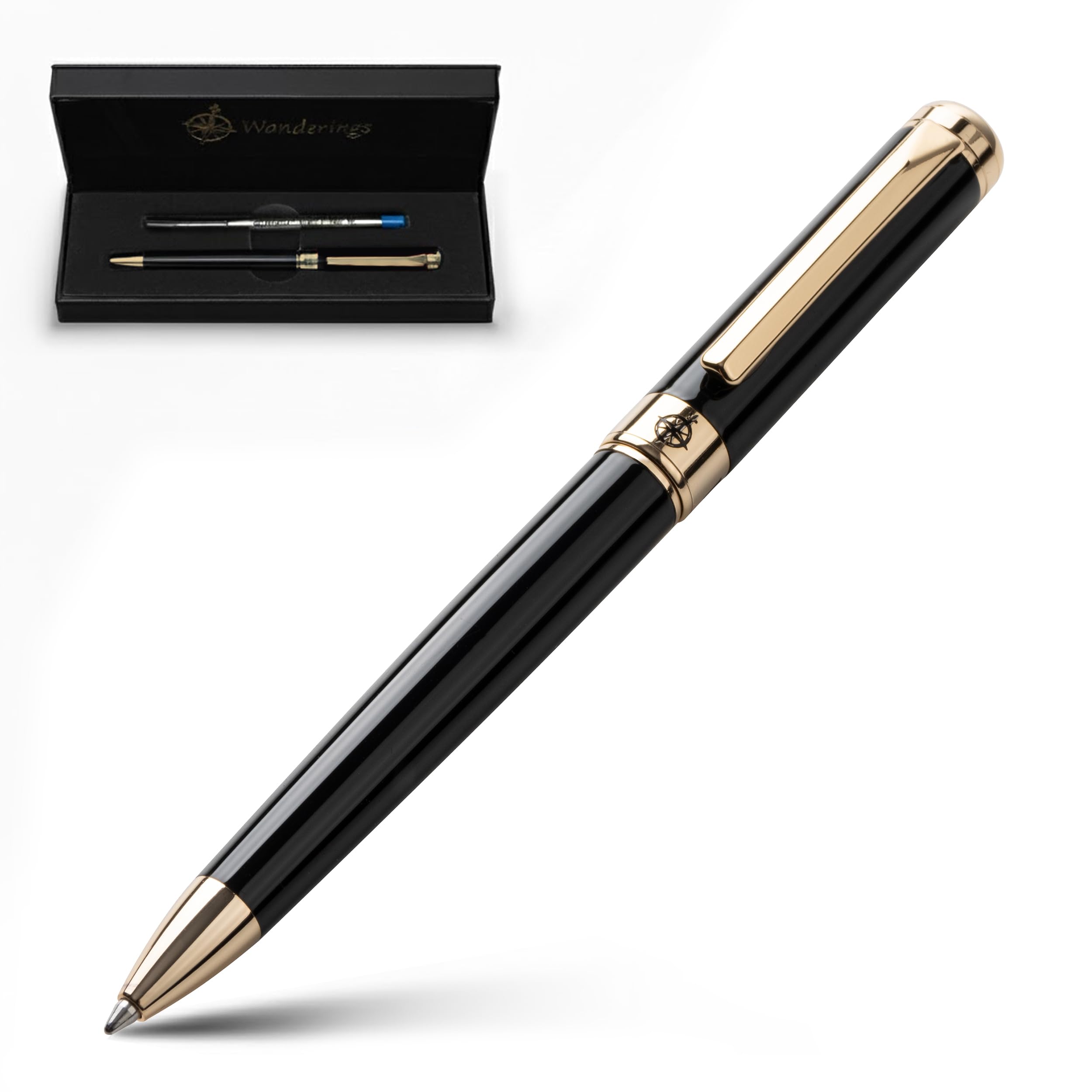WANDERINGS Premium Ballpoint Pen with German Ink Perfectly Balanced for a Superb Writing Experience, 24K Gold Plated Piano Black - Includes a Schmidt Refill in a Giftable Presentation Case
