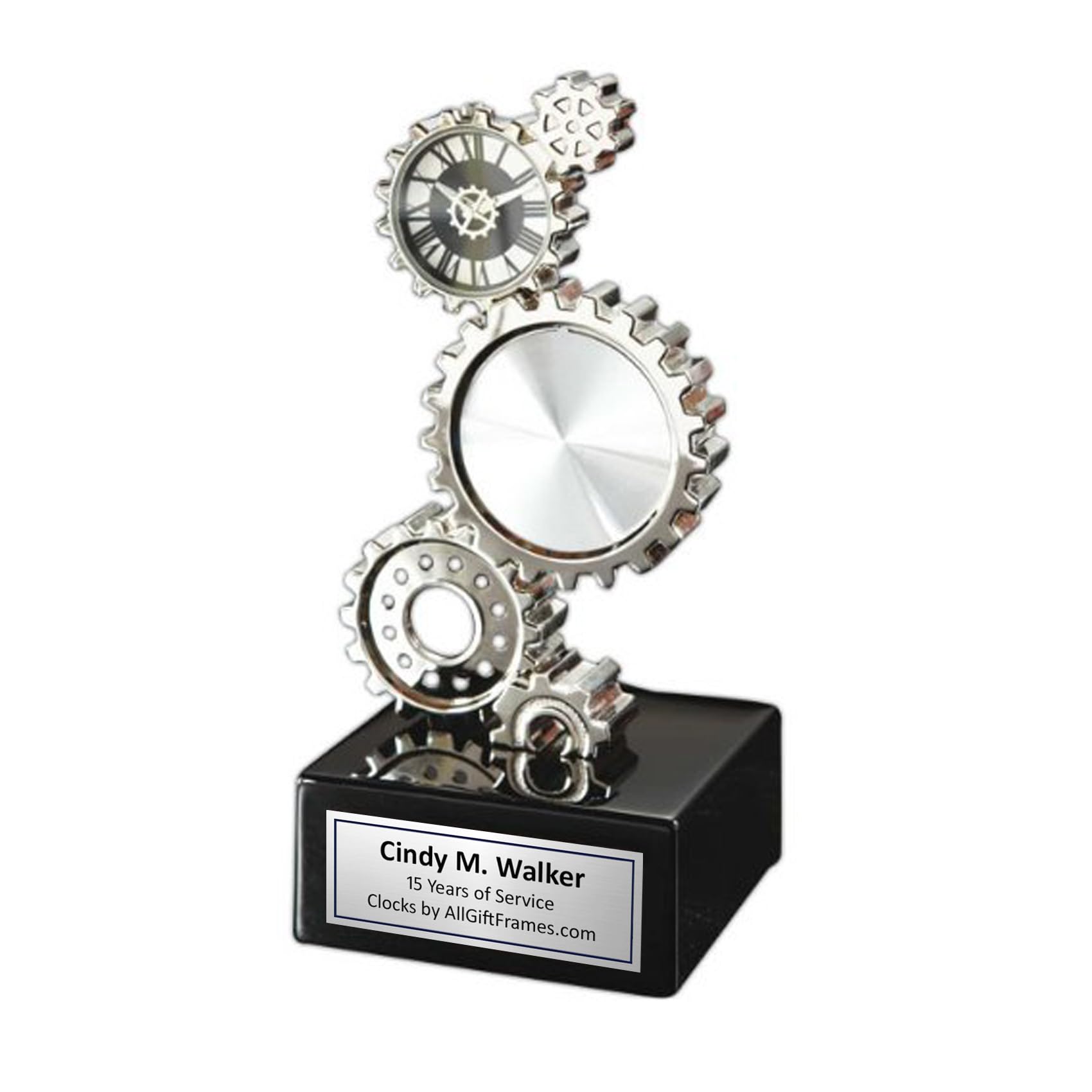 AllGiftFrames Gear Desk Clock with Silver Engraving Plate and Optional Photo Picture Frame. Great Engineering Gift, Gifts for Engineers, Graduation