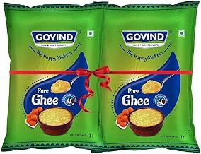 Govind Pure Cow Ghee,India Ka Origina Super Food 99.7% Fat, Rich Texture No Artificial Coloring, Ideal for Healthy Cooking & Digestion, 1Liter Pouch (Pack of 2).