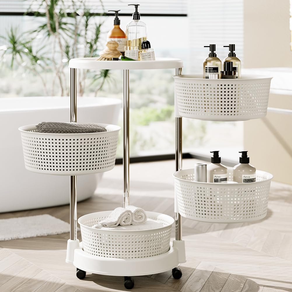 BAKAJI Carrello da Cucina portafrutta con cestelli apribili, Carrellino Portaoggetti Salvaspazio con 4 Ruote Girevoli, Struttura Acciaio e Cesti in plastica, Ideale Cucina, Bagno, (4 Ripiani)