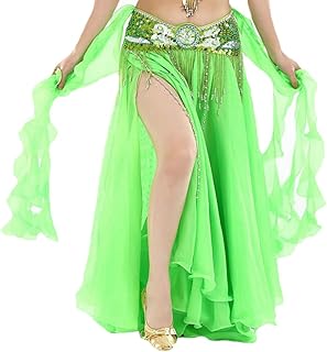 YuanDian Mujer Profesional Color Sólido Gasa Danza Del Vientre Alta Falda de Hendidura Swing Maxi Falda Ropa Danza Moderna Fruta Verde(Sin incluir el cinturón)