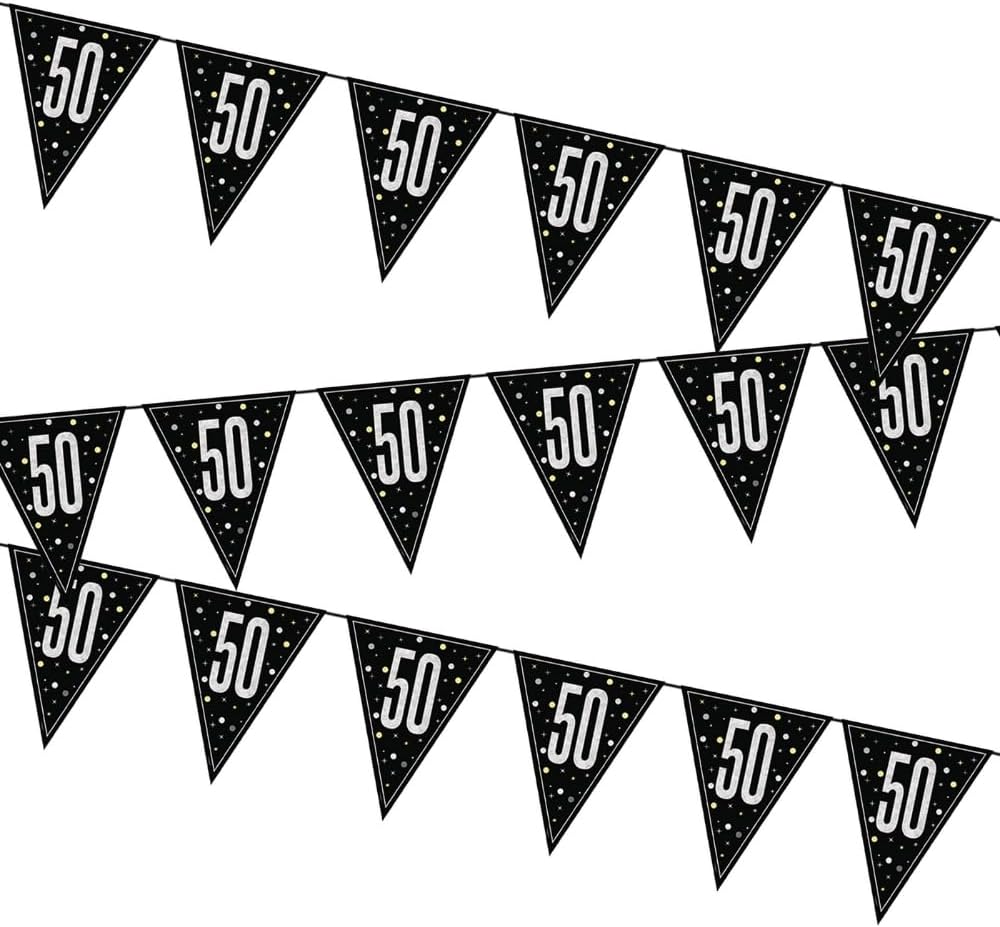 Number '50' Black Glitz Prismatic Plastic Flag Banner, 9 ft. (1 Count) - Perfect for Celebrations, Photo Booth Backdrop, Wall Decoration & More