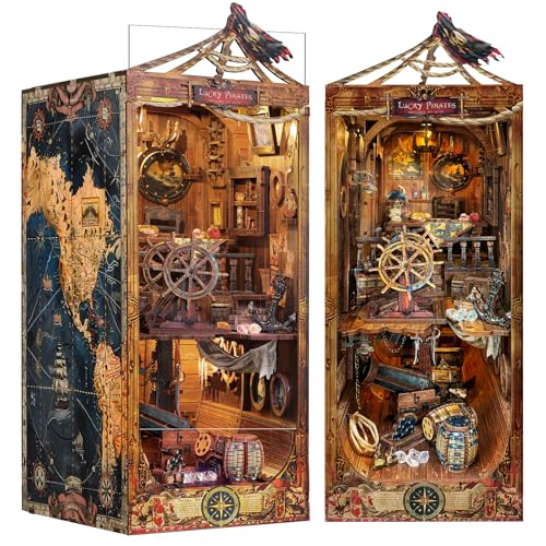 RONSTONE DIY Book Nook Kit - Pirate 3D Wooden Miniature Puzzles with LED Light Dollhouse Model Craft Kits for Adults Bookshelf Insert Decor - Halloween Christmas Birthday Gifts for Adults