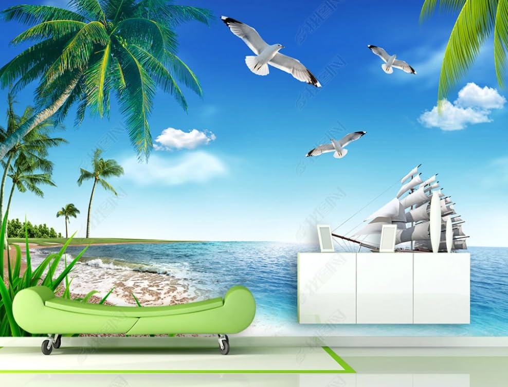 Voilier et cocotier vue mer : Métamorphosez votre décoration murale avec ce poster géant intissé
