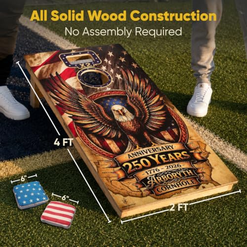 Image of America 250th Anniversary Limited Edition Cornhole Set - Two 4x2 FT Double Hole Boards with Built-in Scoreboard, 1 Canvas Tote Bag & 8 Professional American Stars & Stripes Bean Bags