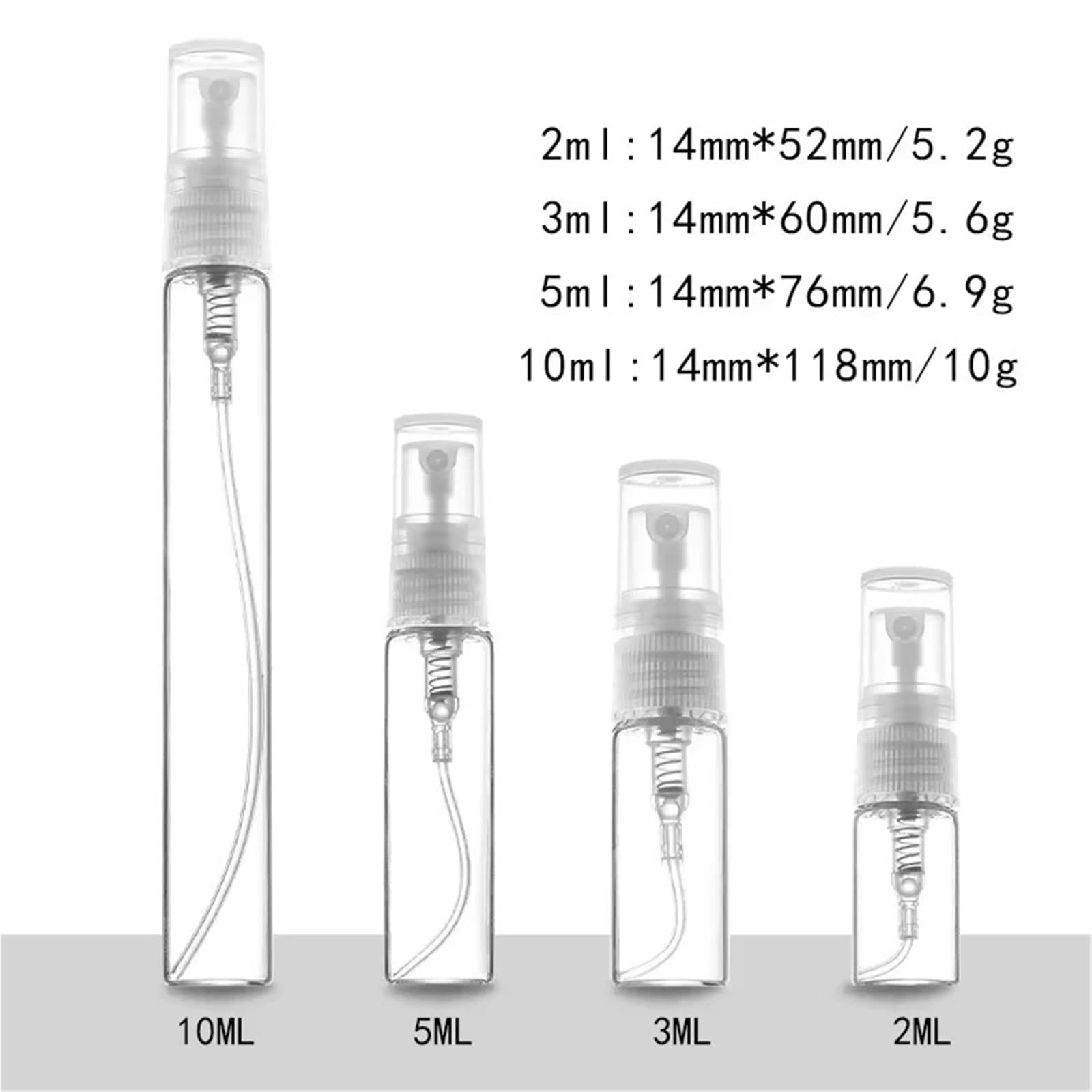 50 mini bottiglie di vetro trasparenti per profumo, vuote, ricaricabili, con atomizzatore, 2 ml, 3 ml, 5 ml, 10 ml