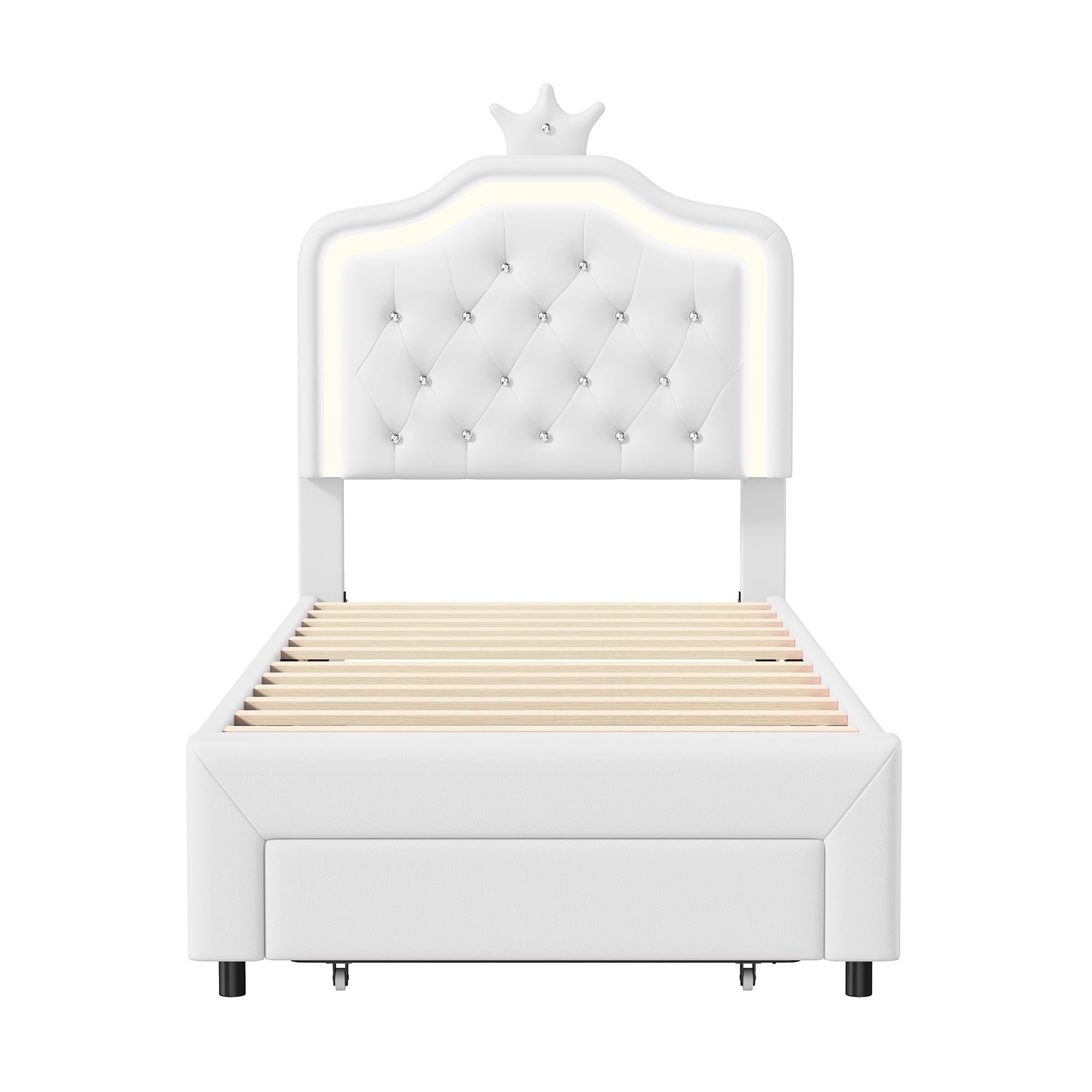 Cama Infantil 90x200 cm, Cama de Princesa con cabecero LED Corona, Camas Individuales Acolchadas con Somier de Láminas, Estructura de Cama para Niña con cajón, Camas de 1 Plaza para Niña