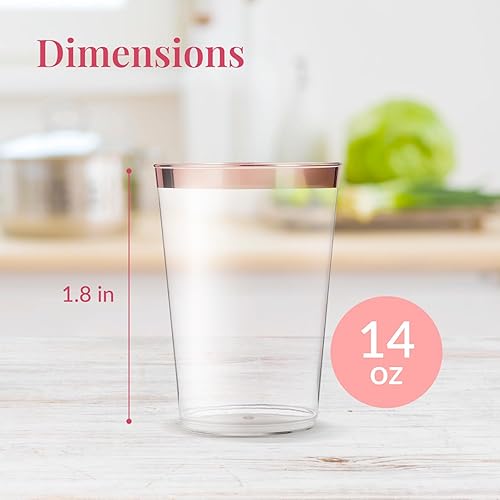 Miniatura 3 de Prestee Vasos de plástico con borde de oro rosa, 14 oz. Paquete de 50 vasos de plástico transparente duro, vasos desechables para fiesta, vasos de