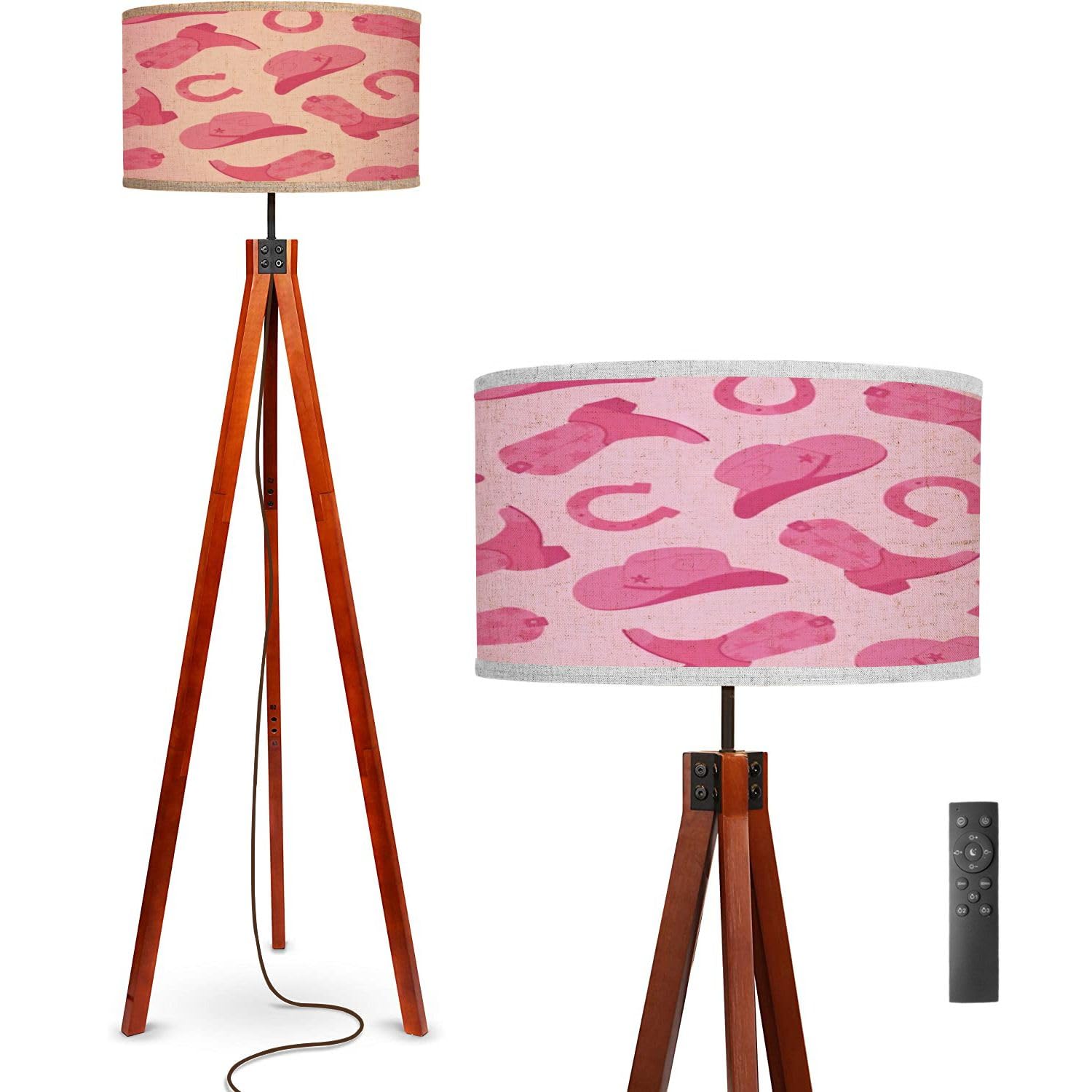 Floor Lamp Seamless Pattern Cowgirl Elements Repeating a Pink Cowboy hat Standing Lamp Solid Wood Legs Modern Tall Lamp Tripod Floor Lamp with Flaxen Shade for Living Room, Bedroom, Office