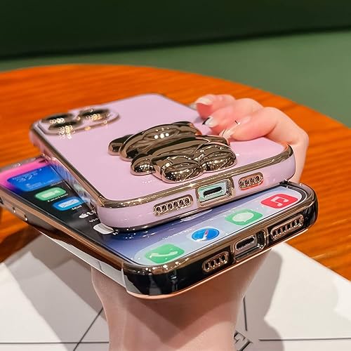 Miniatura 5 de Bonita funda compatible con iPhone 13 de 6.1 pulgadas, soporte de TPU suave con diseño de oso de dibujos animados chapado en oro para mujeres