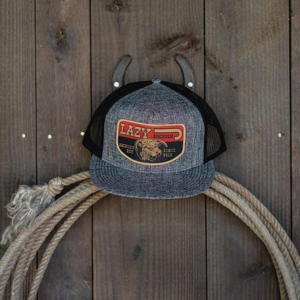 Lazy J Ranch Heather Grey & Black America's Best Banner Classic Five Panel Trucker Hat - Image 5